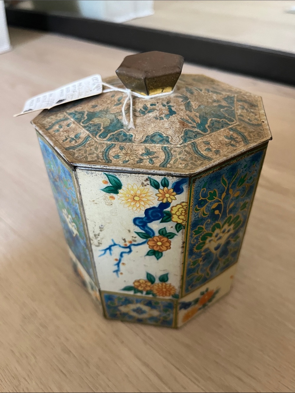 Vintage Hexagonal Floral Enamel Trinket Box /biscuit tin- Blue & Gold
